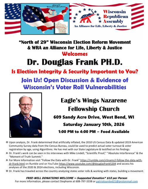 WRA & N of 29 Present Dr. Douglas Frank Sat Jan. 10th 1-4PM West Bend