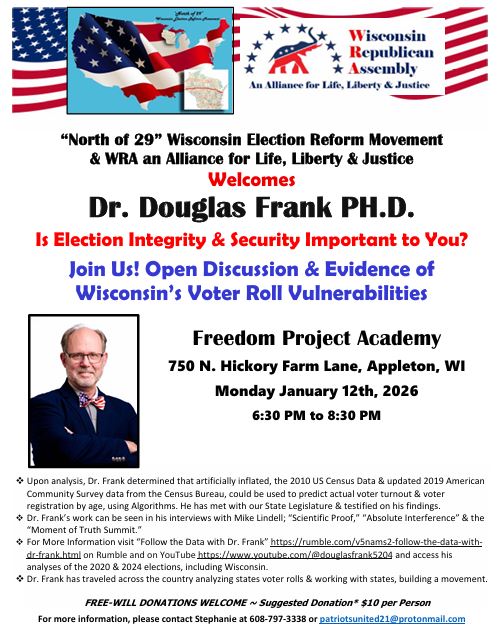 WRA & N of 29 Present Dr. Douglas Frank Mon. Jan. 12th 6:30-8:30PM Appleton